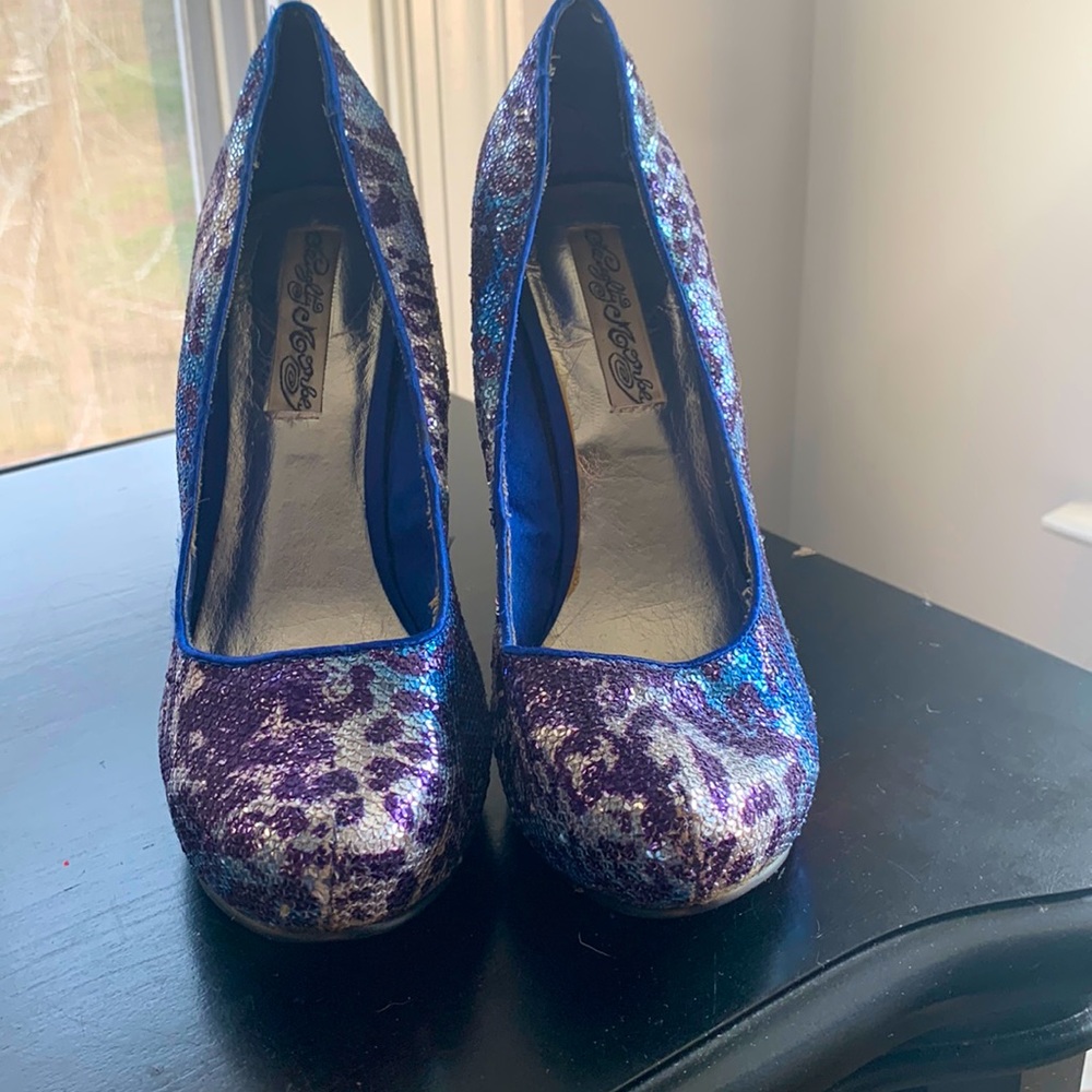 Naughty Monkey leopard print heels, mixed with purple, silver and blue sequence.